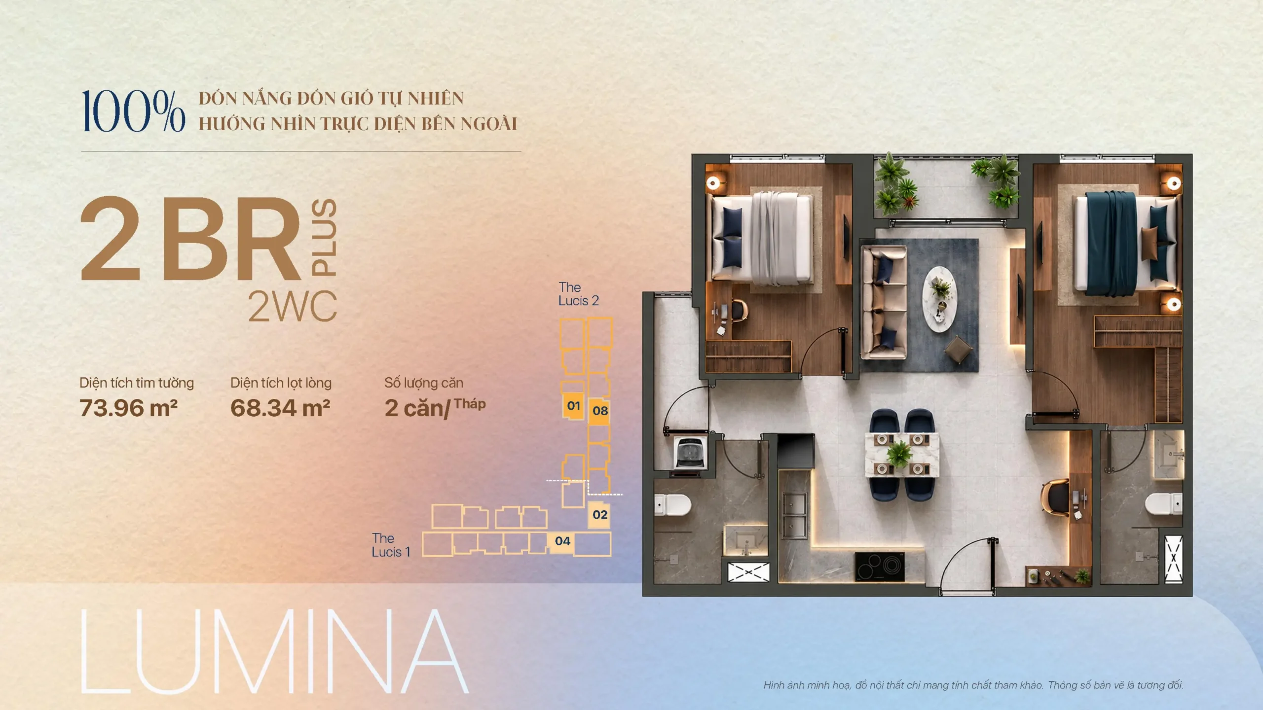 Mặt bằng căn hộ 2PN Plus TT Genesis Nhà Bè diện tích 73.96m² gồm 2 phòng ngủ, 2 WC, thiết kế thông minh, đón gió tự nhiên, tối ưu không gian sống và công năng sử dụng.